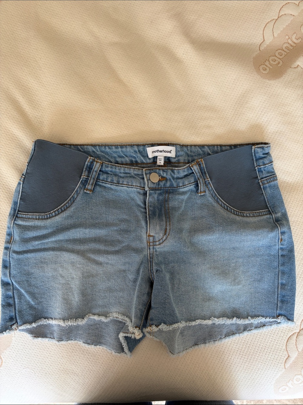 Motherhood Light Blue Denim Maternity Shorts with Navy Panels